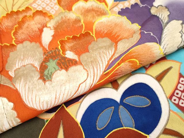平和屋着物●極上 アンティーク 大正ロマン 振袖 駒刺繍 立波枝花文 金彩 逸品 CYAA4180s6