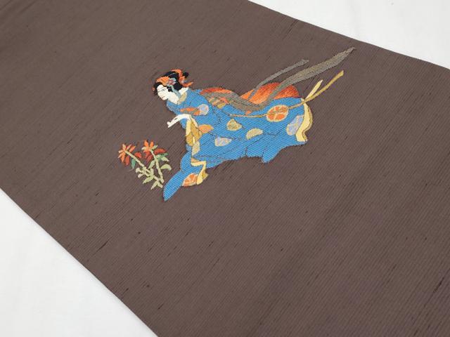 平和屋着物●極上 太鼓柄袋帯 紬地 人物文 赤墨色地 逸品 CYAA4611s6