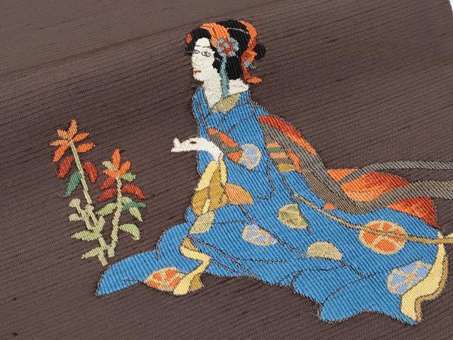 平和屋着物●極上 太鼓柄袋帯 紬地 人物文 赤墨色地 逸品 CYAA4611s6