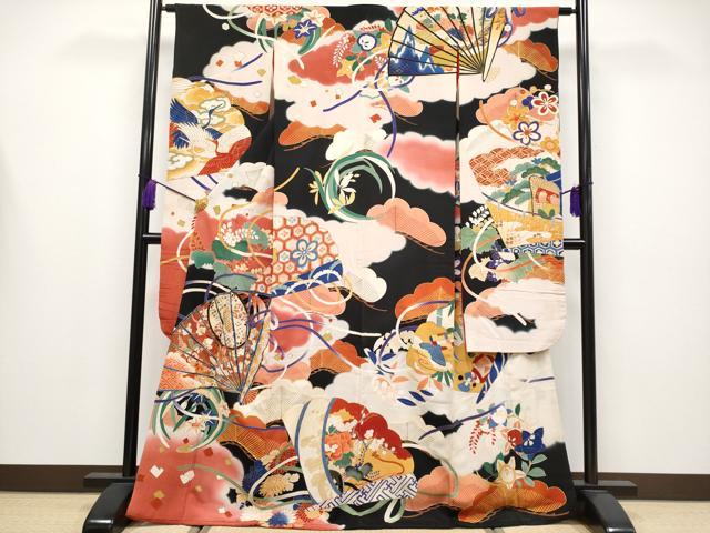 平和屋着物●極上 アンティーク 大正ロマン 振袖 駒刺繍 檜扇吉祥花文 金彩 逸品 CYAA4220s6