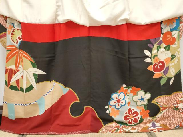 平和屋着物●極上 アンティーク 大正ロマン 振袖 雪輪双鶴花丸文 黒地 金彩 逸品 CYAA4234s6