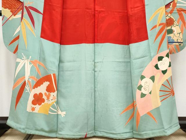 平和屋着物●極上 アンティーク 大正ロマン 振袖 駒刺繍 扇面吉祥花文 金彩 千草色地 逸品 CYAA4288s6