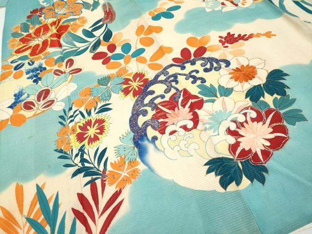 平和屋本店*極上 夏物 アンティーク 大正ロマン 振袖 駒刺繍 絽縮緬 雲取り花丸文 白群色地 逸品 CYAA4300s6
