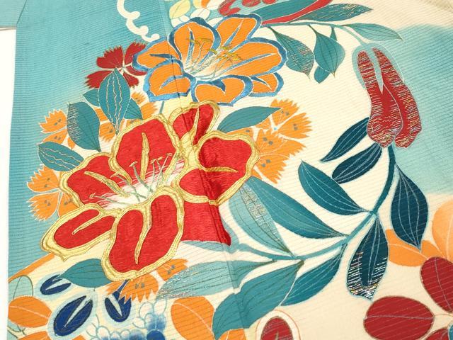 平和屋本店*極上 夏物 アンティーク 大正ロマン 振袖 駒刺繍 絽縮緬 雲取り花丸文 白群色地 逸品 CYAA4300s6