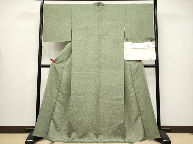 平和屋着物●極上 人間国宝・羽田登喜男 お召 本唐織 鴛鴦地紋 たたき染め 鶸茶色地 反端付き 逸品 CYAA4318s6