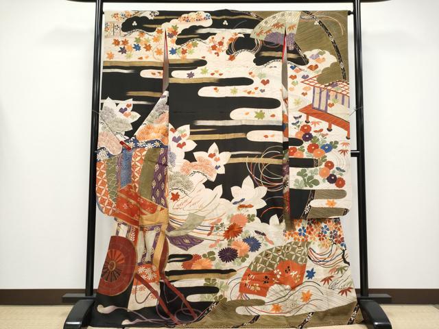 平和屋着物●極上 アンティーク 大正ロマン 振袖 駒刺繍 御所車枝花文 金彩 逸品 CYAA4332s6