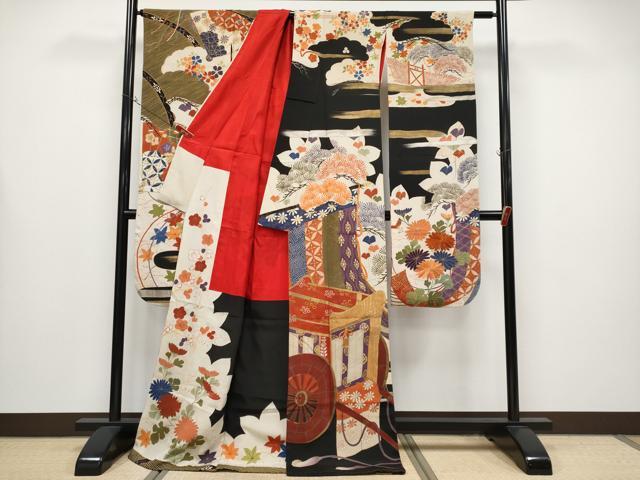 平和屋着物●極上 アンティーク 大正ロマン 振袖 駒刺繍 御所車枝花文 金彩 逸品 CYAA4332s6
