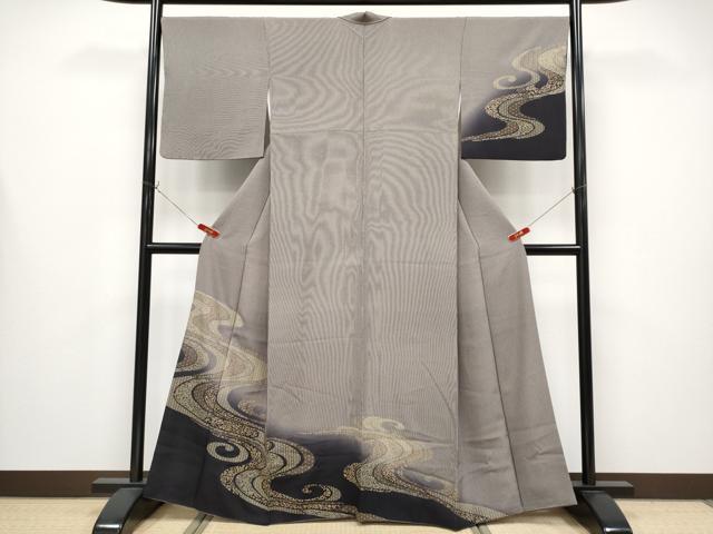 平和屋着物●極上 印傳 訪問着 江戸小紋 流水花唐草文 万筋 黒紅色×白 金彩 さが美扱い 逸品 CYAA4334s6