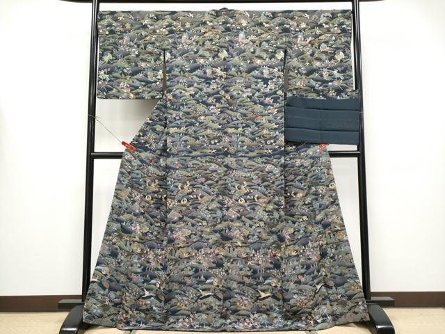平和屋本店●極上 中国三大刺繍 スワトウ相良刺繍 総刺繍 小紋 動物吉祥文 濃紺地 金糸 反端付き 逸品 CYAA4357s6