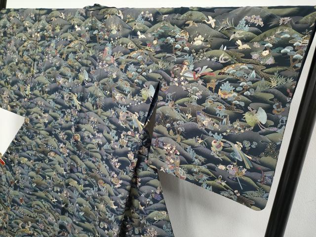 平和屋本店●極上 中国三大刺繍 スワトウ相良刺繍 総刺繍 小紋 動物吉祥文 濃紺地 金糸 反端付き 逸品 CYAA4357s6