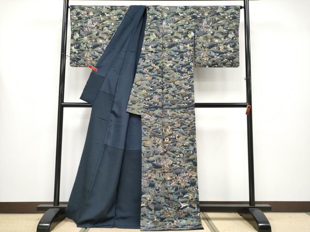平和屋本店●極上 中国三大刺繍 スワトウ相良刺繍 総刺繍 小紋 動物吉祥文 濃紺地 金糸 反端付き 逸品 CYAA4357s6