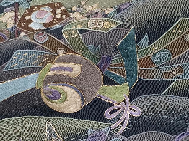 平和屋本店●極上 中国三大刺繍 スワトウ相良刺繍 総刺繍 小紋 動物吉祥文 濃紺地 金糸 反端付き 逸品 CYAA4357s6