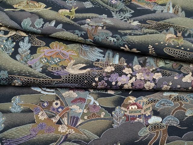 平和屋本店●極上 中国三大刺繍 スワトウ相良刺繍 総刺繍 小紋 動物吉祥文 濃紺地 金糸 反端付き 逸品 CYAA4357s6