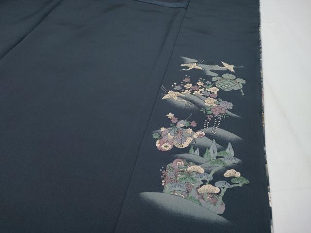 平和屋本店●極上 中国三大刺繍 スワトウ相良刺繍 総刺繍 小紋 動物吉祥文 濃紺地 金糸 反端付き 逸品 CYAA4357s6