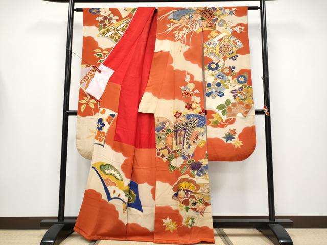 平和屋着物●極上 アンティーク 大正ロマン 振袖 駒刺繍 冊子御所車花文 金彩 逸品 CYAA4358s6