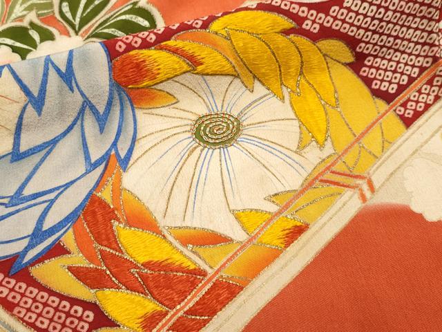 平和屋着物●極上 アンティーク 大正ロマン 振袖 駒刺繍 冊子御所車花文 金彩 逸品 CYAA4358s6