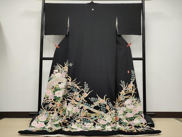 平和屋本店●極上 本加賀友禅作家 東藤岳 お引きずり・お引き摺り・色留袖 草花文 黒地 逸品 CYAA4359s6