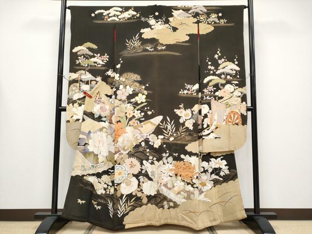 平和屋着物●極上 アンティーク 大正ロマン 振袖 駒刺繍 花舟文 黒地 金彩 逸品 CYAA4389s6