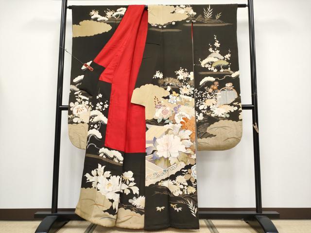 平和屋着物●極上 アンティーク 大正ロマン 振袖 駒刺繍 花舟文 黒地 金彩 逸品 CYAA4389s6