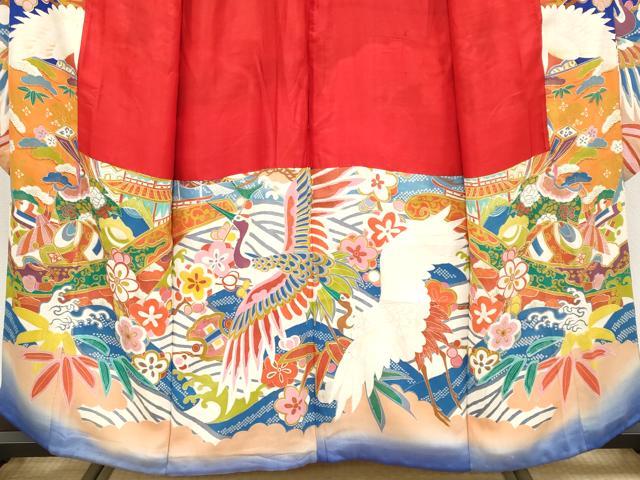 平和屋本店●極上 アンティーク 大正ロマン 振袖 駒刺繍 飛鶴宝船文 金彩 紺青色地 逸品 CYAA4390s6