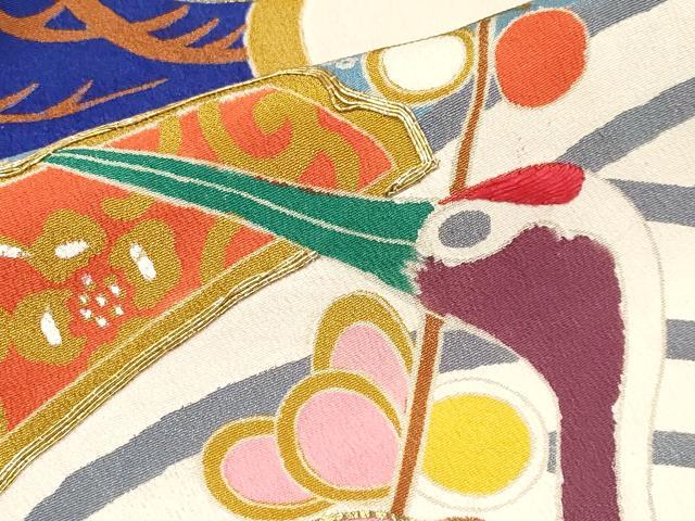 平和屋本店●極上 アンティーク 大正ロマン 振袖 駒刺繍 飛鶴宝船文 金彩 紺青色地 逸品 CYAA4390s6