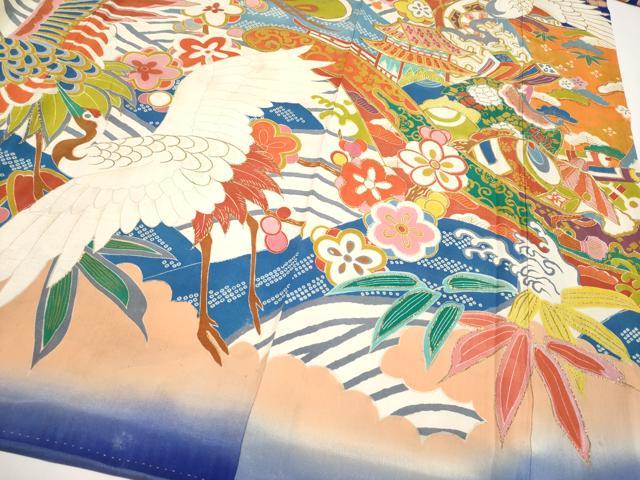 平和屋本店●極上 アンティーク 大正ロマン 振袖 駒刺繍 飛鶴宝船文 金彩 紺青色地 逸品 CYAA4390s6
