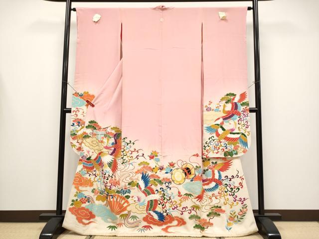 平和屋本店●極上 アンティーク 大正ロマン 振袖 鳳凰雲取り枝花文 暈し染め 金彩 紅梅色地 逸品 CYAA4392s6