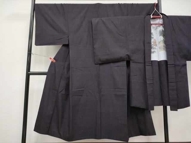 平和屋本店●極上 男性 本場結城紬 重要無形文化財 アンサンブル 色無地 黒紅色地 逸品 CYAA4395s6