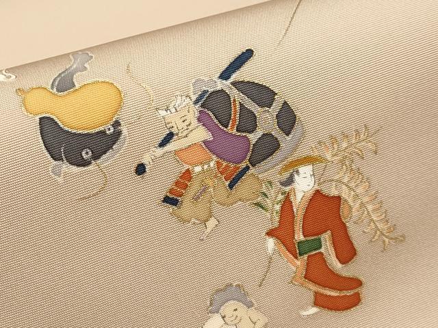 平和屋本店●極上 塩瀬 九寸名古屋帯 手描き 大津絵 金彩 白茶色地 逸品 未使用 CYAA4413s6
