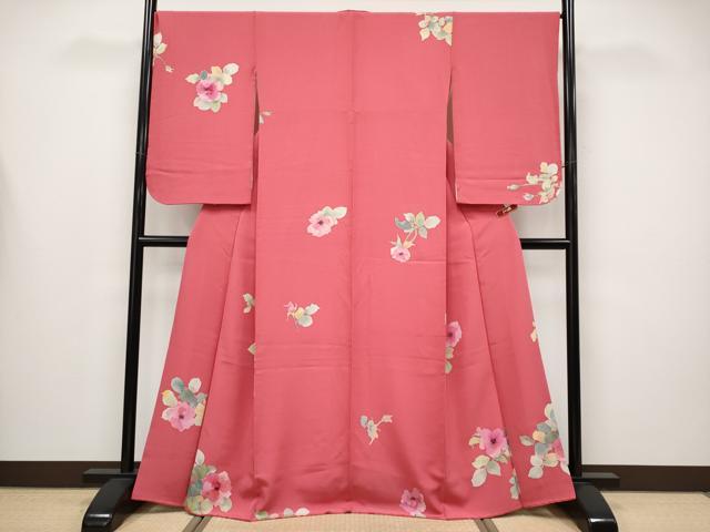 平和屋着物●極上 小紋 手描き 草花文 薔薇色地 逸品 CYAA4455s6