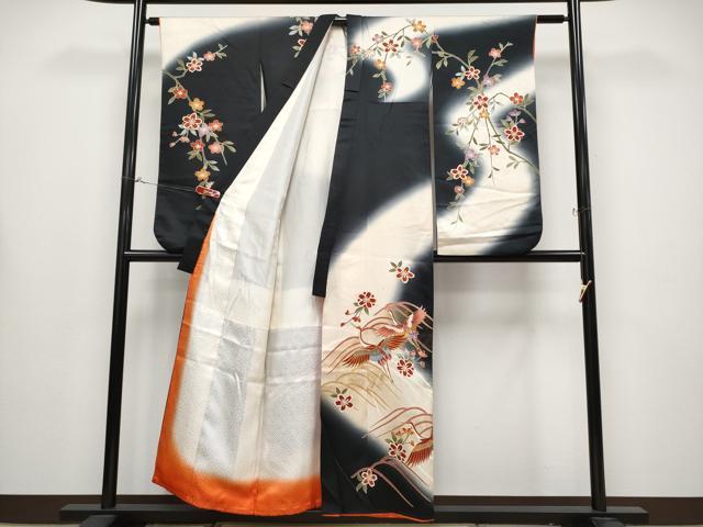 平和屋着物∵極上 女の子 十三参り 子供 祝着 駒刺繍 飛鶴枝垂れ花文 暈し染め 黒地 逸品 CYAA4456s6