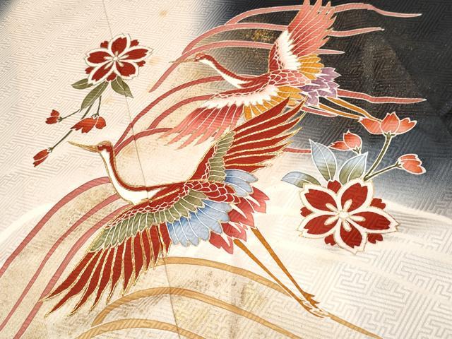 平和屋着物∵極上 女の子 十三参り 子供 祝着 駒刺繍 飛鶴枝垂れ花文 暈し染め 黒地 逸品 CYAA4456s6