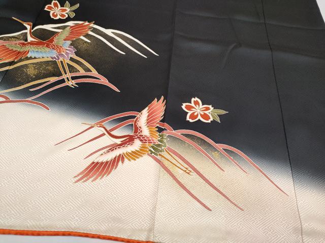 平和屋着物∵極上 女の子 十三参り 子供 祝着 駒刺繍 飛鶴枝垂れ花文 暈し染め 黒地 逸品 CYAA4456s6