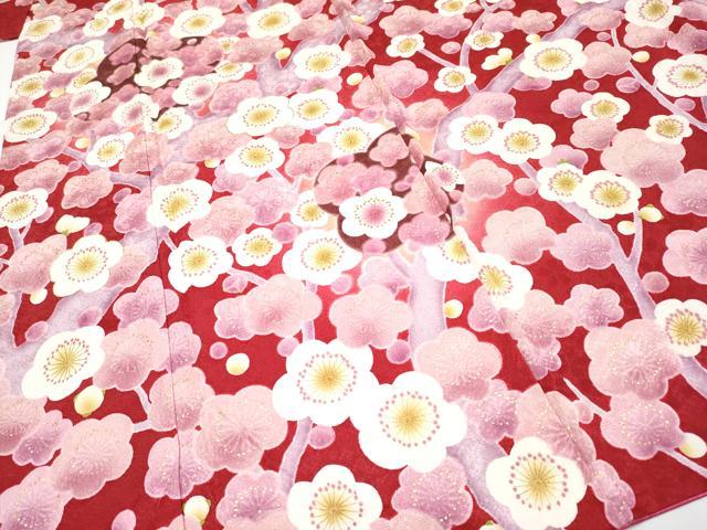 平和屋着物●極上 振袖 駒刺繍 枝桜文 暈し染め 金彩 茜色地 反端付き 逸品 CYAA4459s6