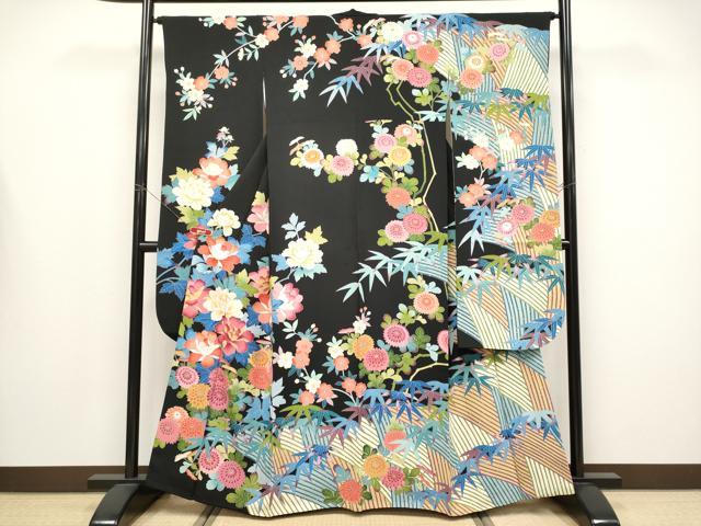 平和屋本店●極上 振袖 友禅 作家物 草花文 黒地 逸品 CYAA4481s6