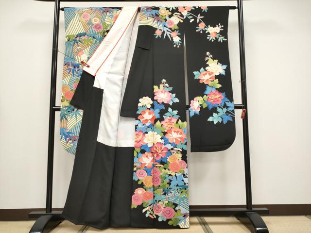 平和屋本店●極上 振袖 友禅 作家物 草花文 黒地 逸品 CYAA4481s6