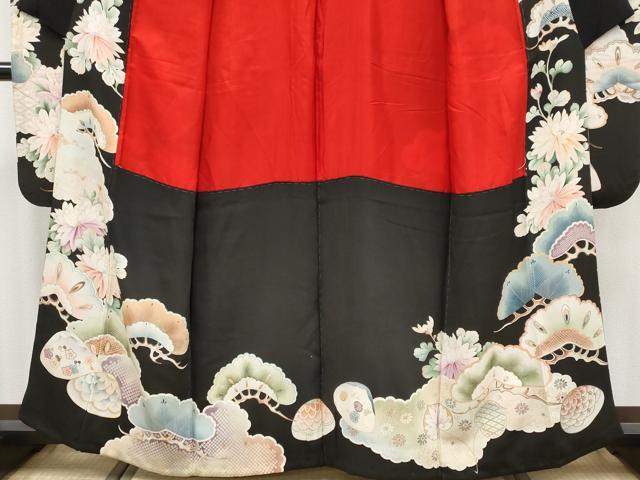 平和屋本店●極上 アンティーク 大正ロマン 振袖 駒刺繍 貝桶草花文 黒地 金彩 逸品 CYAA4514s6