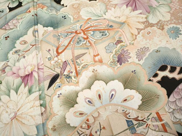 平和屋本店●極上 アンティーク 大正ロマン 振袖 駒刺繍 貝桶草花文 黒地 金彩 逸品 CYAA4514s6