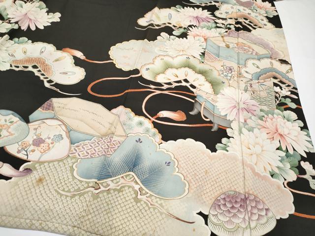 平和屋本店●極上 アンティーク 大正ロマン 振袖 駒刺繍 貝桶草花文 黒地 金彩 逸品 CYAA4514s6