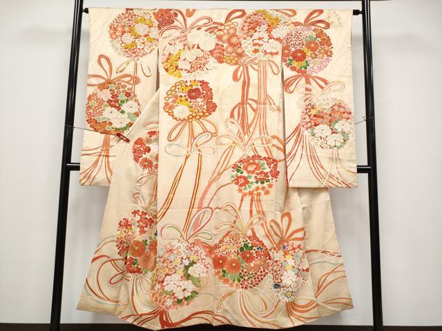 平和屋本店●極上 アンティーク 大正ロマン 振袖 駒刺繍 薬玉花文 金彩 丁子色地 逸品 CYAA4518s6