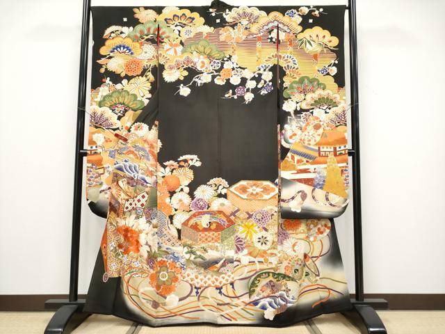 平和屋本店●極上 アンティーク 大正ロマン 振袖 駒刺繍 御所車吉祥花文 暈し染め 金彩 逸品 CYAA4519