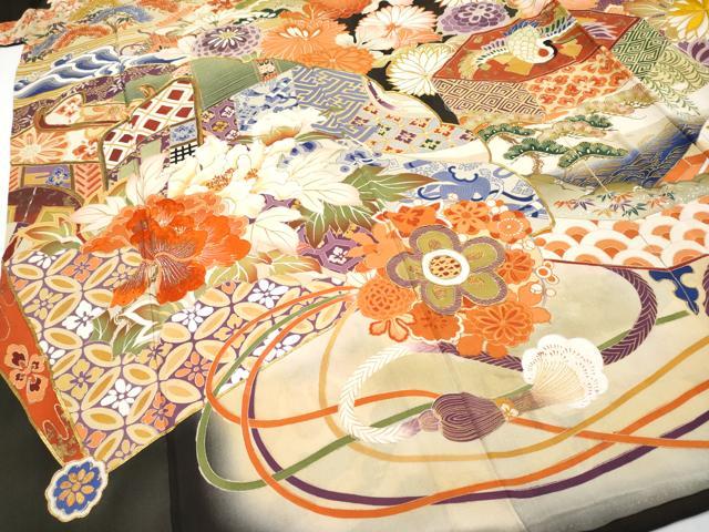 平和屋本店●極上 アンティーク 大正ロマン 振袖 駒刺繍 御所車吉祥花文 暈し染め 金彩 逸品 CYAA4519