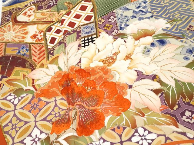 平和屋本店●極上 アンティーク 大正ロマン 振袖 駒刺繍 御所車吉祥花文 暈し染め 金彩 逸品 CYAA4519