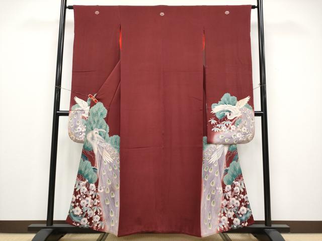 平和屋本店●極上 アンティーク 大正ロマン 振袖 刺繍 孔雀 松竹梅 暈し染め 金糸 鬼しぼ縮緬 葡萄茶色地 逸品 CYAA4521s6