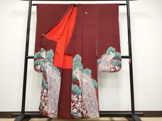 平和屋本店●極上 アンティーク 大正ロマン 振袖 刺繍 孔雀 松竹梅 暈し染め 金糸 鬼しぼ縮緬 葡萄茶色地 逸品 CYAA4521s6