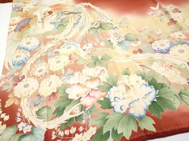 平和屋本店●極上 アンティーク 大正ロマン 振袖 駒刺繍 相良刺繍 鳳凰草花文 暈し染 金彩 鬼しぼ縮緬 紅海老茶色地 逸品 CYAA4522s6
