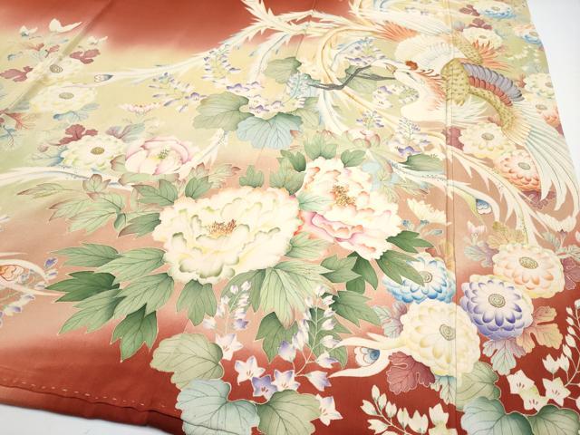 平和屋本店●極上 アンティーク 大正ロマン 振袖 駒刺繍 相良刺繍 鳳凰草花文 暈し染 金彩 鬼しぼ縮緬 紅海老茶色地 逸品 CYAA4522s6
