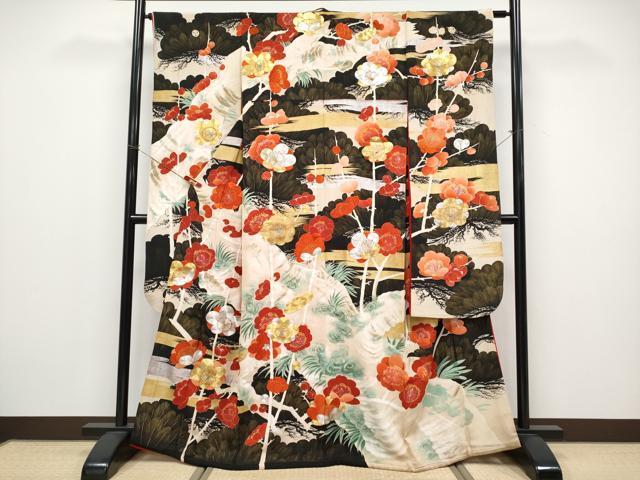平和屋本店●極上 アンティーク 大正ロマン 振袖 駒刺繍 霞梅松文 黒地 金彩 逸品 CYAA4523s6