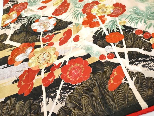 平和屋本店●極上 アンティーク 大正ロマン 振袖 駒刺繍 霞梅松文 黒地 金彩 逸品 CYAA4523s6