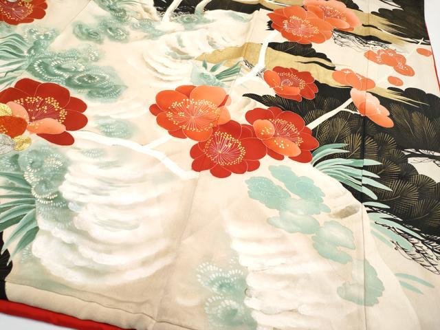 平和屋本店●極上 アンティーク 大正ロマン 振袖 駒刺繍 霞梅松文 黒地 金彩 逸品 CYAA4523s6